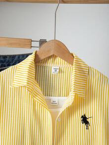 SHEIN 1件青少年女孩翻領長袖鈕扣式直條紋襯衫，胸前刺繡圖案，休閒上衣，秋季 - 黃色 - 查看 4