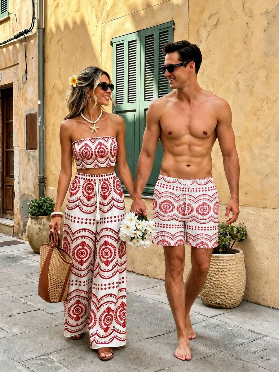 Manfinity Swimmode Pantalones cortos de playa para hombre con estampado integral y cintura con cordón para vacaciones de verano - Rojo - Ver 1