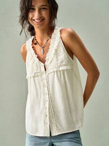SoleilVie Sleeveless Casual Shirt Vest, V-Neck, Front Pleats And Buttons - Apricot - View 6