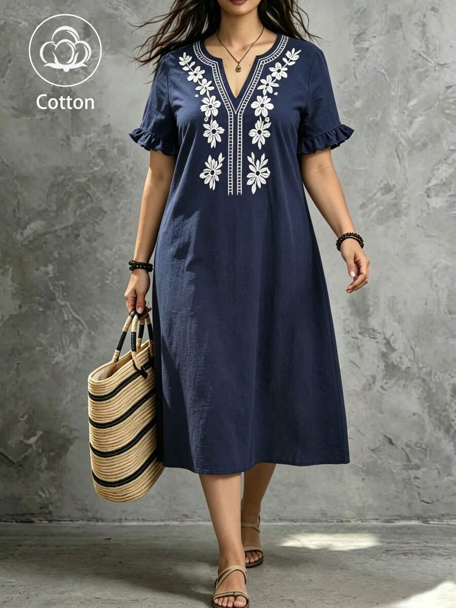 Linhara Plus Size Women Spring/Summer Casual Minimalist Pastoral Style Small V-Neck, Cotton Embroidered Fashion Ruffle Cuff Loose Fit Dress - Blue - View 1