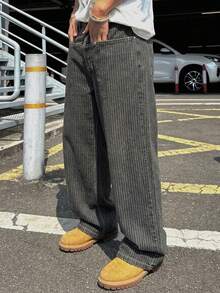 DAZY Spring Striped Pocket Wide Leg Loose Fit Men's Jeans - Black - View 7