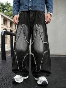 Manfinity EMRG 男士美式街頭風拼接刺繡毛邊牛仔長褲 - 黑色 - 查看 5