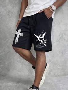 Manfinity EMRG Men's Street Style Cross & Angel Print Shorts - Black - View 1