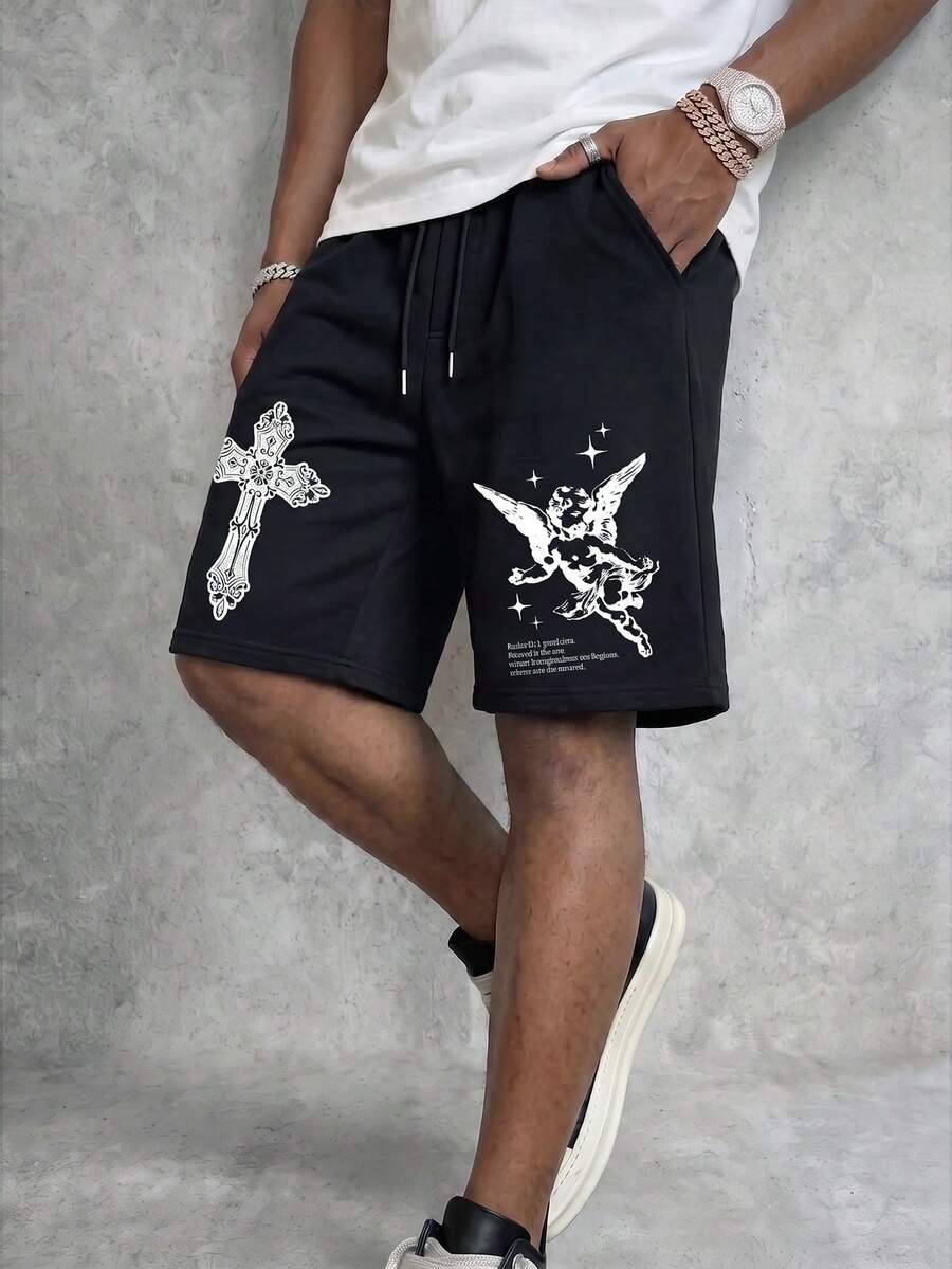 Manfinity EMRG Men's Street Style Cross & Angel Print Shorts - Black - View 1