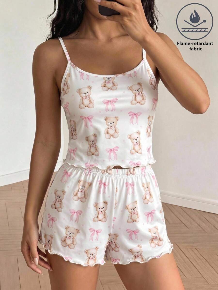 SHEIN 青少年女孩睡衣 夏季休閒簡約修身細肩帶上衣與短褲兩件組 - 卡其色 - 查看 1