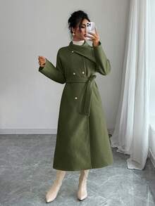 Struktiv 女款秋冬時尚雙排扣大衣 - 軍綠色 - 查看 8