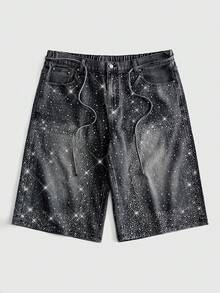 ROMWE MEN Street Life Short en jean décontracté d'été pour homme grande taille avec décoration de strass - Bleu azur - Voir 1