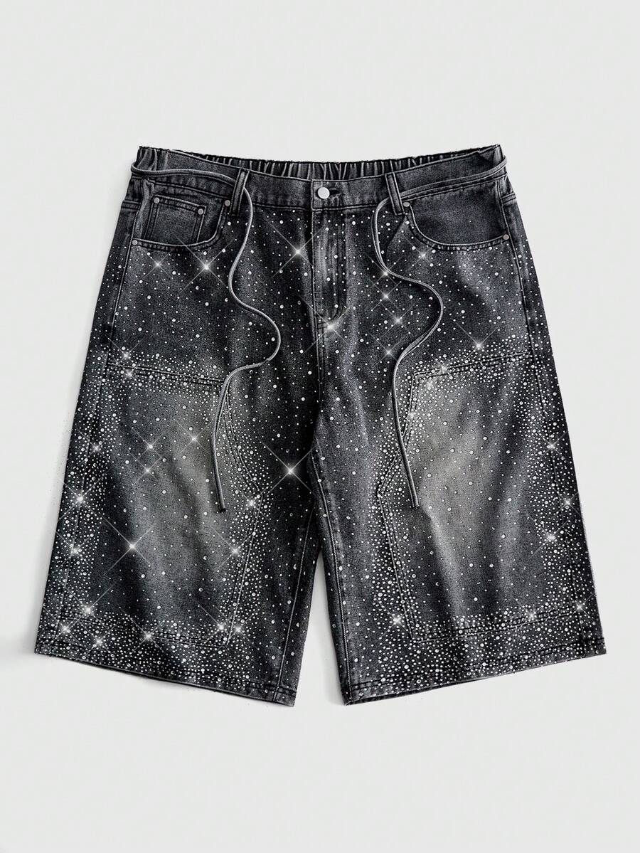 ROMWE MEN Street Life Short en jean décontracté d'été pour homme grande taille avec décoration de strass - Bleu azur - Voir 1