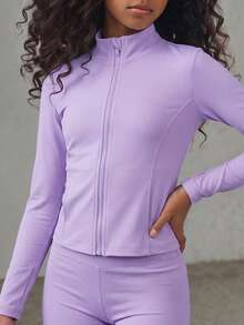 SHEIN Tween Girls Purple Autumn Atletic Pilates Yoga Sports Jacket & Flared Pants Set,Comfortable Elastic Stretch Fashion Cycling Tennis Gym Hiking Campus - Mauve Purple - View 4