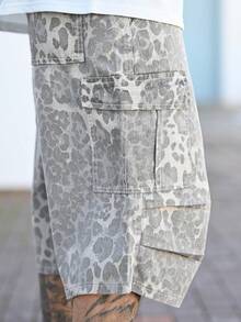 Devon Thys Vintage Leopard Print Cargo Shorts With Multiple Pockets, Letter & Music Note Graphic Design, Loose Fit Straight Leg, Casual Street Style, Summer - Khaki - View 6