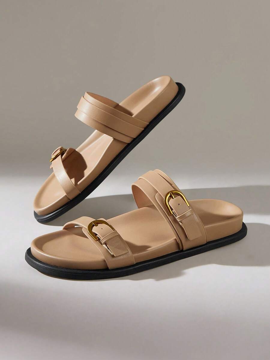 Solecia 女款新款平底涼鞋,一腳蹬式,舒適休閒 - 杏色 - 查看 1