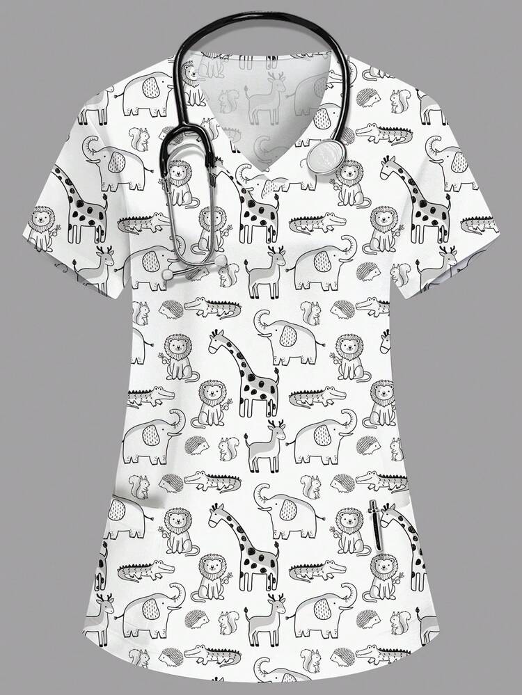 PopScrub V-Neck Short Sleeve Double Pocket Cute Cartoon Animal Print Nurse Doctor Work Uniform Top Health Checkup Surgical Uniform Beauty Nutritionist Work Uniform Lab Uniform, Functional Holiday, Summer Women's Top - Black and White - View 1