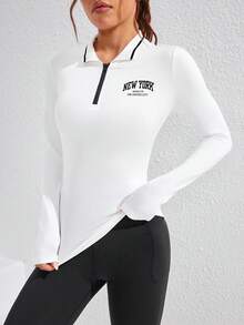 SHEIN Sovereign Charm 女式前拉链长袖休闲字母印花运动 Polo 衫 - 白色 - 查看 3