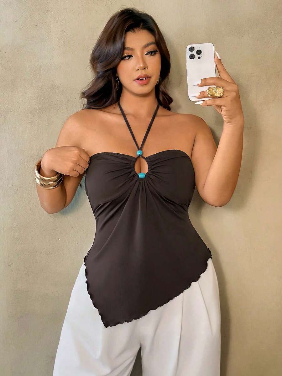 Auralis Plus Size Asymmetrical Hem Backless Halter Neck Casual Boho Sexy 70's Vacation Top Party Date Night Girls Night Cocktail Black Summer