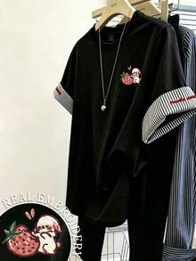 Resyla Women's Striped Patchwork Rabbit & Strawberry Embroidered Casual Daily Summer Top - Black - View 1