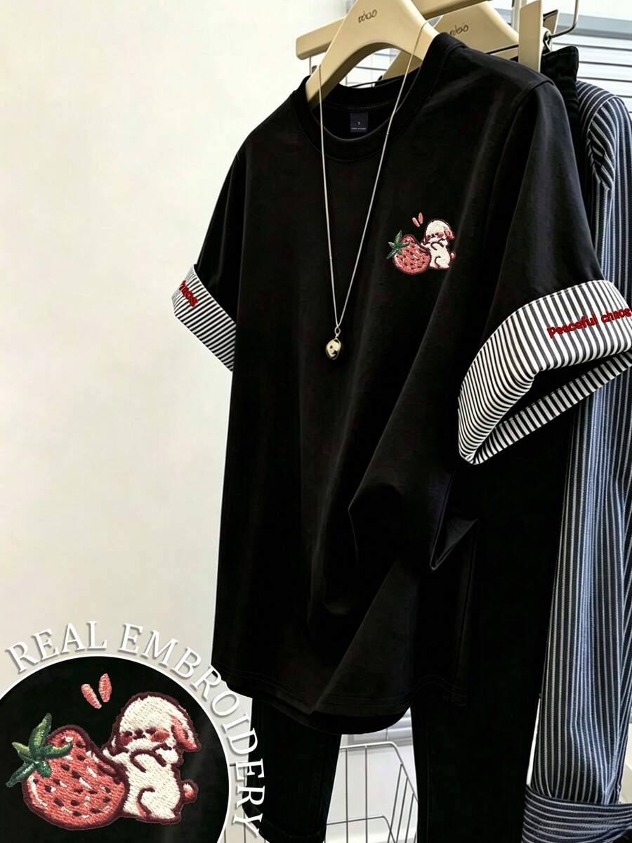 Resyla Women's Striped Patchwork Rabbit & Strawberry Embroidered Casual Daily Summer Top - Black - View 1