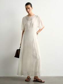 Aalyst Women's Round Neck Short Sleeve Sheer Elegant Cinched Waist A-Line Long Dress For Dating, Party, Outdoor, Sweet Commute - White - View 6