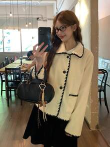 DAZY Women's Autumn/Winter Colorblock Trim Overcoat School - Apricot - View 9