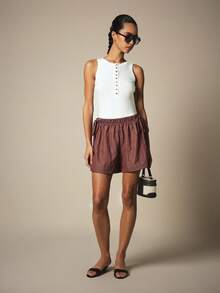 KSTM Linen Feel Drawstring Waist Loose Fit Mini Shorts With Elastic Waistband Side Tie Detail Summer Casual Holiday Vacation Burgundy - Brown - View 3