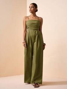 Zivah Women Olive Green Summer Casual Vacation Holiday Jumpsuit, Spaghetti Strap Front Ruched Real Pockets Loose Wide Leg Pants, Vertical Texture Fabric - Army Green - View 7