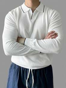 DAZY Spring/Autumn Long Sleeve Half-Button Solid White/Black Trim Men's Knit Top - White - View 5