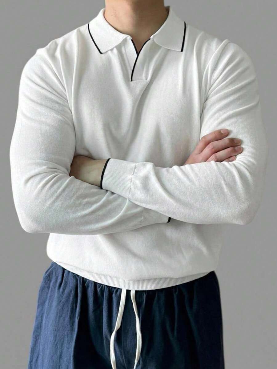 DAZY Spring/Autumn Long Sleeve Half-Button Solid White/Black Trim Men's Knit Top - White - View 1