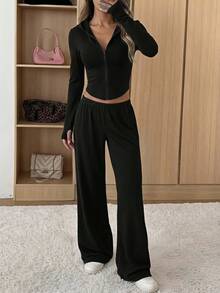 SHEIN Kids Teen Girls Knitted All All All Black Hoodie Long Pants Casual Streetwear Outerwear 2 Pieces Set Groove Autumn Groove Groove - Black - View 4