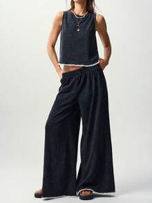 Bohemela Casual Fringe Solid Color Knit Tank Top Long Pants 2 Pieces Set For Women Everyday Lounge White Summer - Black - View 6