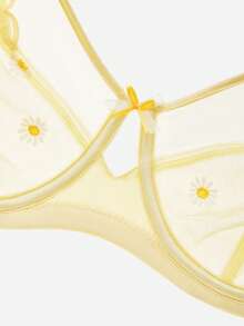 LUVLETTE Plus Daisy Embroidered Elegance Lingerie Lounge Curve Full Coverage Breathable Unlined Floral Lace Yellow Sheer Minimizer Mesh Intimates Bra - Yellow - View 7