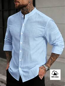 Manfinity Homme Men's Solid Color Single-Breasted Casual Versatile Daily Wear Shirt, Formal - Baby Blue - View 1