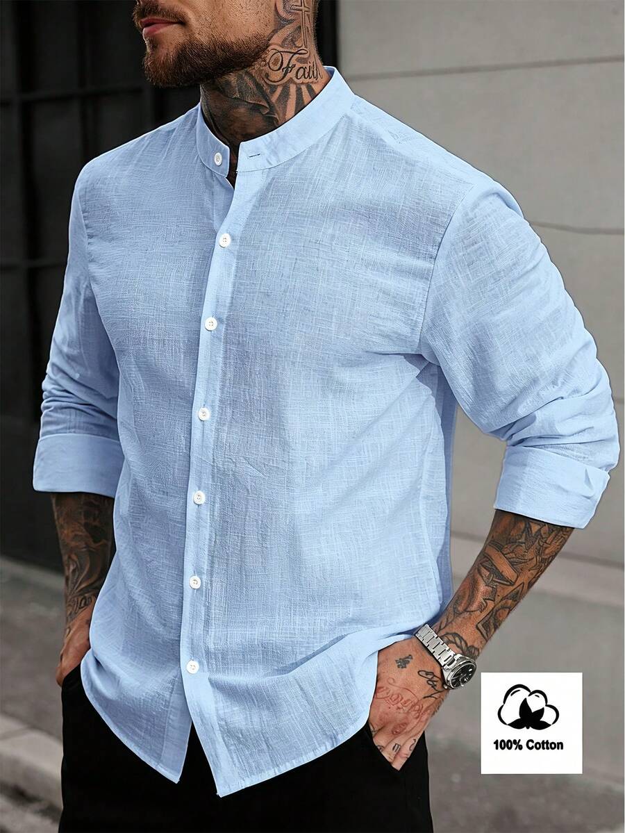 Manfinity Homme Men's Solid Color Single-Breasted Casual Versatile Daily Wear Shirt, Formal - Baby Blue - View 1