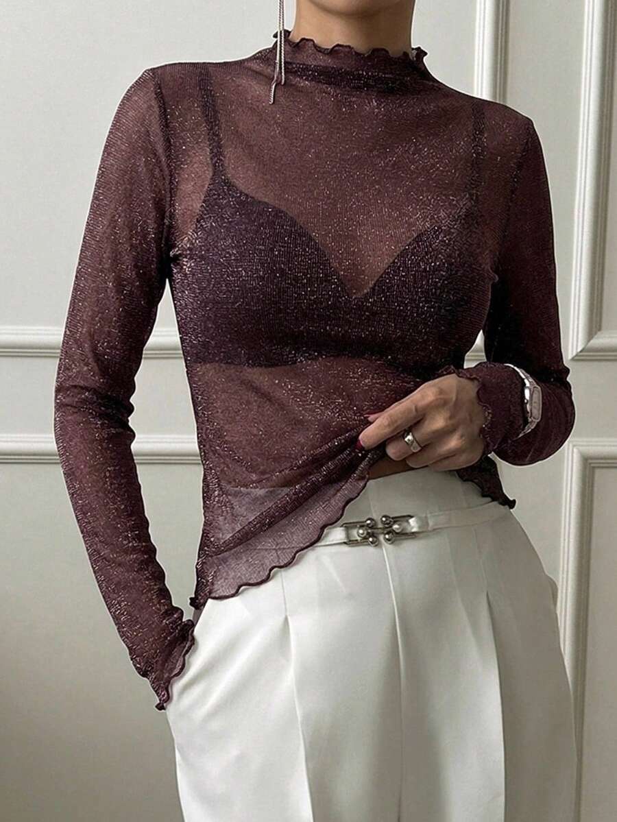 DAZY 女款純色荷葉邊修身顯瘦假領 T-shirt,咖啡棕,四季皆宜 - 中紫紅色 - 查看 1