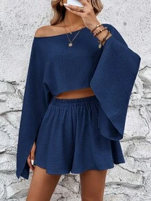 Breezaya Solid Color Cape Sleeve Cropped Top And Shorts Set - Navy Blue - View 5