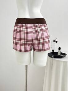 Elamini Sexy Preppy Cute Plaid Patchwork Low Waist Summer Shorts For Hot Girl Gym Brown Plaid - Multicolor - View 2
