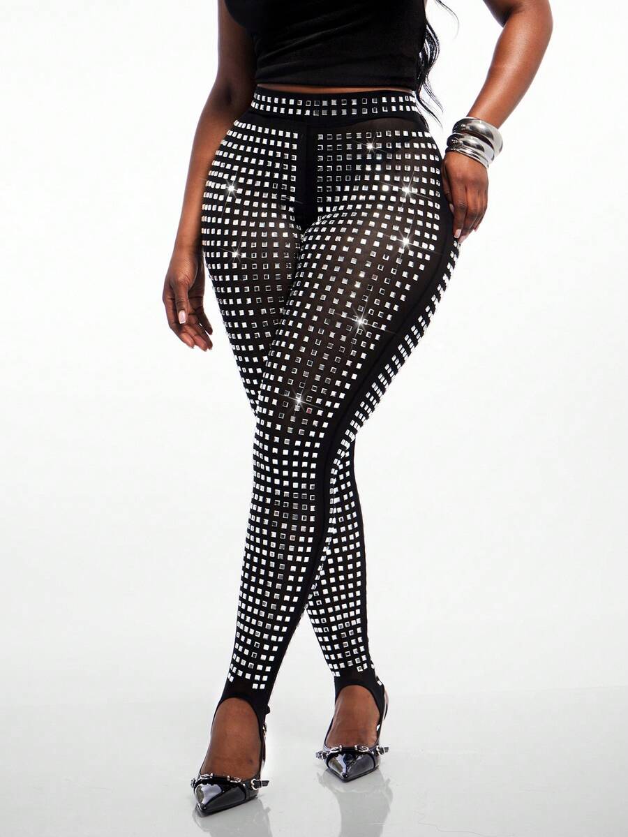 Radiana Plus Size Women's Studded Casual Versatile Daily Wear Tight Leggings - Black - View 1