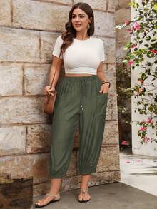 EMERY ROSE Casual Cuffed Pants With Drawstring Adjustable Waist And Side Patch Pockets, Plus Size Fall - Army Green - View 8