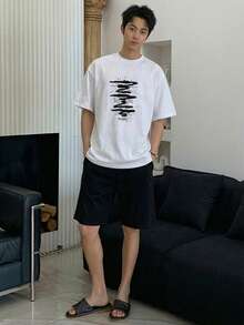 DAZY 夏季字母印花短袖T恤與短褲男士居家服睡衣套裝 - 黑色 - 查看 3