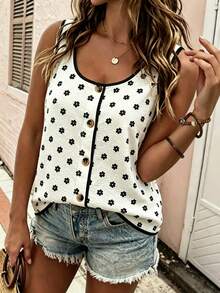 EMERY ROSE Plus Size Women's Floral Pattern Casual Color Block Round Neck Button Up Top, Comfortable Round Neck Camisole Tank Top, Simple Versatile Suitable For Daily Casual Wear - Multicolor - View 1