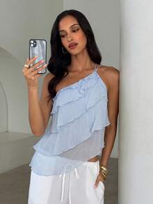 Aloruh Women's Solid Color Ruffle One Shoulder Sleeveless Blouse - Baby Blue - View 6