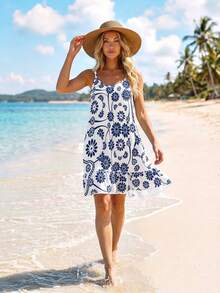 SHEIN LUNE Vestido camisola mini con estampado y volantes en el bajo para mujer - Multicolor - Ver 5
