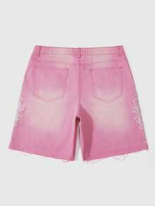 ROMWE MEN Men's Plus Size Casual Daily Denim Shorts With Pockets, Buttons And Floral Embroidery Pattern - Pink - View 2