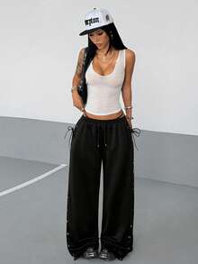 StreetHx 2000s Style Y2K Glamorous Sexy Women's Summer Casual Streetwear Loose Leg Long Pants With Metal Eyelets And Lace-Up Design Night Black - Black - View 5