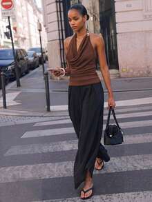 Maija Women's Summer Sexy Elegant Solid Color Cowl Neck Backless Halter Top, Off The Shoulder Top, Going Out Date Night Night Out Outfits Coffee Brown - Brown - View 2