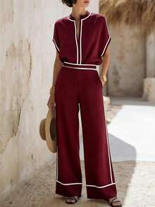 Elegantrix Women's Plus Size Spring/Summer Casual Vacation Shoulder-Sleeve Shirt & Loose Pants Contrast Trim 2-Piece Set, Suitable For Daily Wear And Vacation - Burgundy - View 1