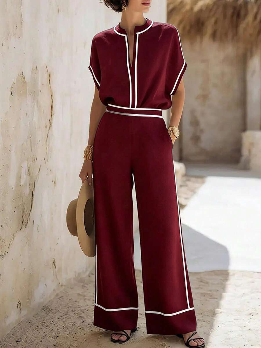 Elegantrix Women's Plus Size Spring/Summer Casual Vacation Shoulder-Sleeve Shirt & Loose Pants Contrast Trim 2-Piece Set, Suitable For Daily Wear And Vacation - Burgundy - View 1