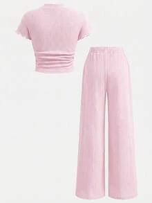 SHEIN 女童純色百褶短袖T恤與長褲休閒日常套裝 - 淺粉色 - 查看 2