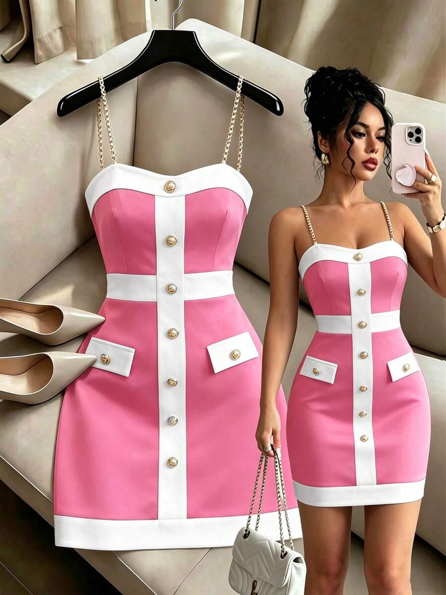 Elenzga Women's Contrast Color Button Design Slim Fit Elegant Camisole Dress - Pink - View 1