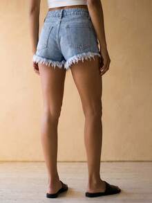 Rouah Women's Distressed Frayed Hem Denim Hotpant Short - Perfect For Summer, Summer Denim Short, Resort Short, Beach Short, Ripped Denim Short, Denim Ripped Hotpant - Baby Blue - View 2