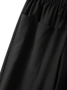 Linhara Loose Fit Cropped Length Casual Pants With Drawstring Waist, Side Pockets And Wooden Button Hem Decor, Plus Size Fall - Black - View 8