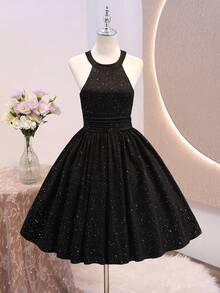 1 pezzo Abito estivo nero con glitter e scollo all'americana per ragazze adolescenti, stile elegante francese, vita arricciata laterale, senza maniche, gonna corta a trapezio, tessuto elastico, abito versatile per feste serali, appuntamenti, uscite quotidiane - nero - Visualizzare 3